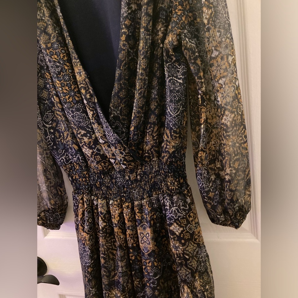 Michael Kors Tiered Ruffle Long Sleeve Wrap Dress - Navy Floral Large - Picture 2 of 6